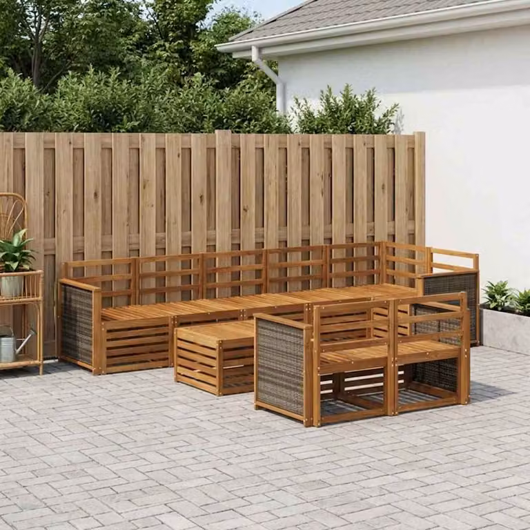 vidaXL Set di divani da esterno a L composto da 8 pezzi in legno di acacia massello con tavolino e cuscini, colore marrone e bianco