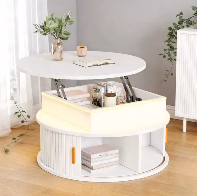 Tavolino da caffè rotondo 75 cm con piano alto lucido, altezza regolabile fino a 52 cm, LED integrati, doppio vano con due ante avvolgibili bianche