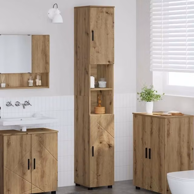 Mobile da bagno sospeso vidaXL in legno rovere marrone con ante a battente e ripiani interni L: 30 cm, P: 35 cm, H: 192 cm