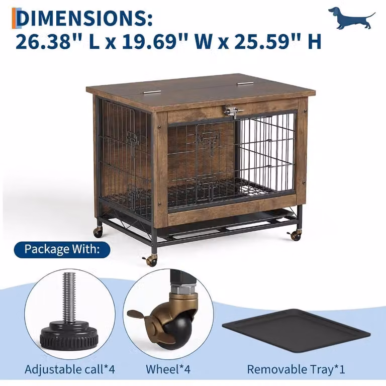 Trasportino per cani in legno - Trasportino trasformabile in mobile - 80 x 60 x 66 cm - Colore marrone rustico - Parte superiore apribile - Due porte con serratura - Resistente ai morsi e a prova di fuga - Adatto per interni