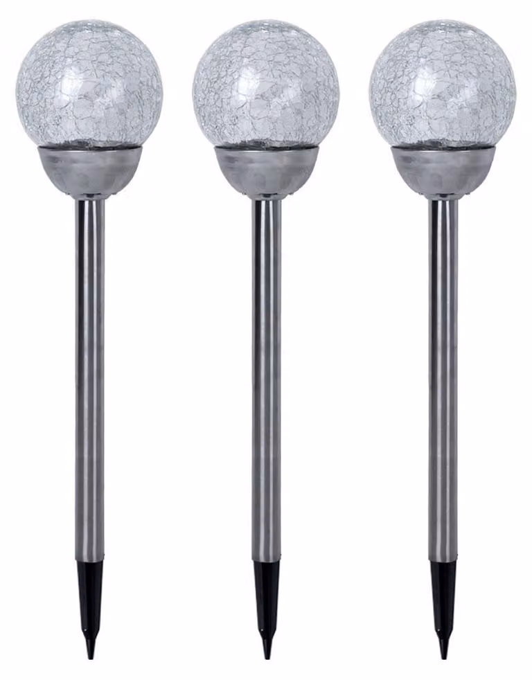 3 lampade solari a LED, acciaio inossidabile argentato, sfera in vetro soffiato, altezza 56 cm