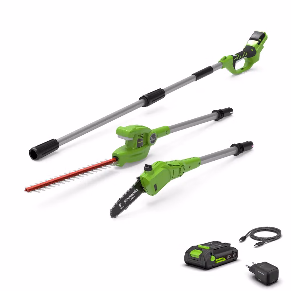Greenworks POWERALL 24V Potatore e Tagliasiepi a palo con batteria ricaricabile 2Ah, colore verde