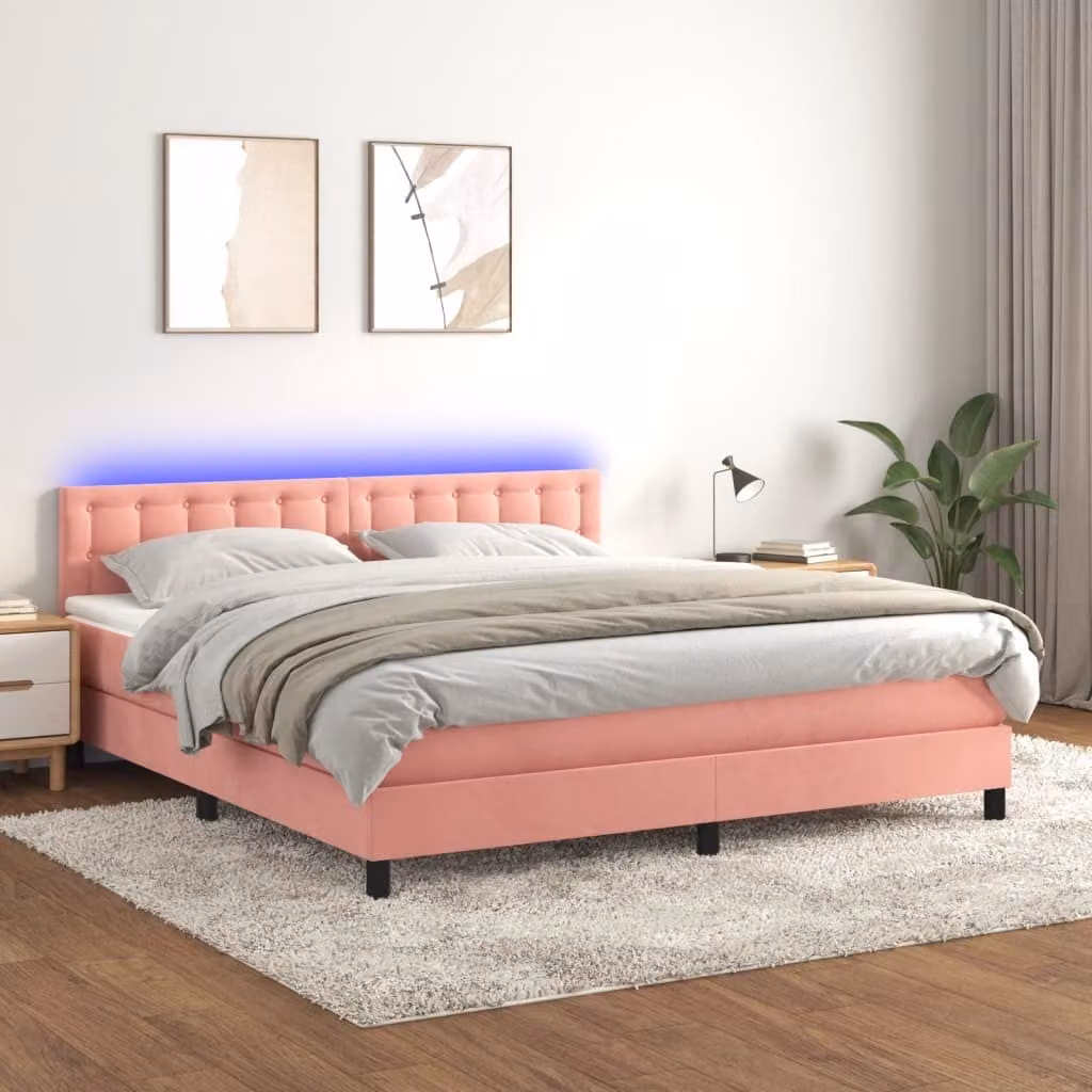 vidaXL Letto a molle con materasso e LED rosa 160x200 cm in velluto - Letto a molle - Letto a molle - Letto - Letti