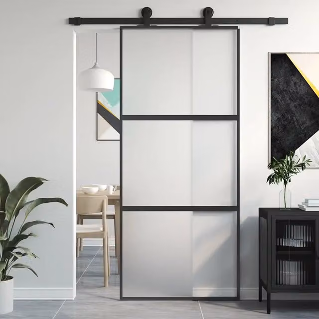 Porta Scorrevole vidaXL in Vetro Temperato e Alluminio, Colore Nero, L: 90 cm, H: 205 cm – 1