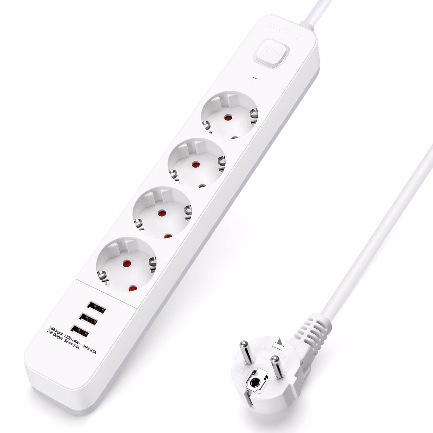 Ciabatta multipresa Aigostar con 4 prese e interruttore, dotata di 3 porte USB (5V/2.4A), cavo di alimentazione da 5 metri. Dimensioni: 4 prese, 3 USB, cavo da 5 metri