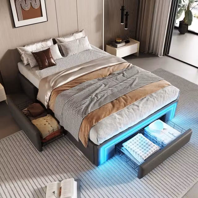 Letto Singolo con Cassetti e LED ¨C MINIMAL ¨C PU Grigio 90x200