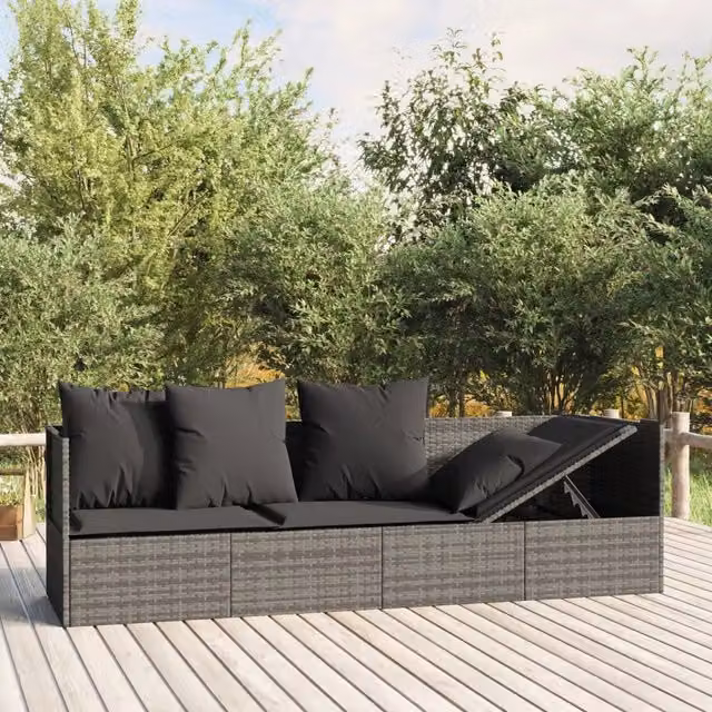 Lettino Prendisole da Esterno con Cuscini Grigio in Polyrattan 319564