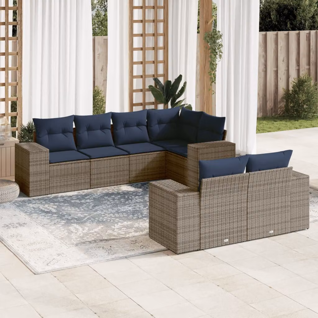 Set di divani da giardino vidaXL in polyrattan a forma di L composto da 7 pezzi con cuscini grigi e blu e struttura in metallo resistente ai raggi UV