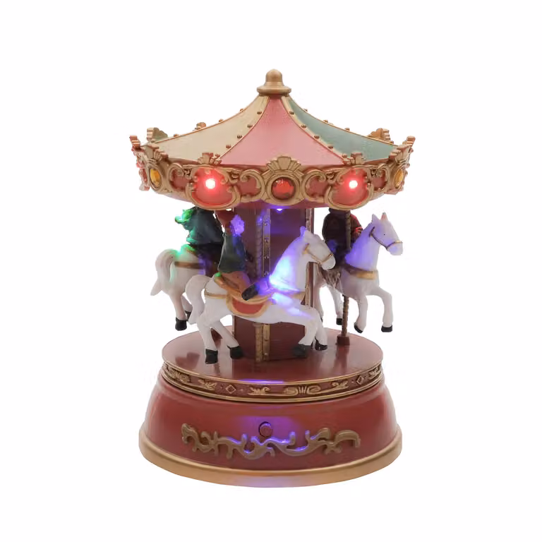 Vestiamo Casa Giostrina dei Cavalli Natalizia con Movimento, Musica e Luci LED Multicolor, Altezza: 18,5 cm