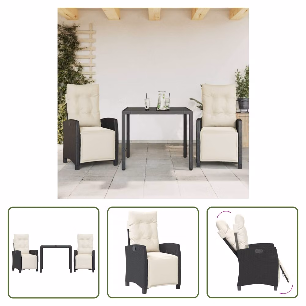 The Living Store Set da pranzo da giardino in 3 pezzi con cuscini in poly rattan nero