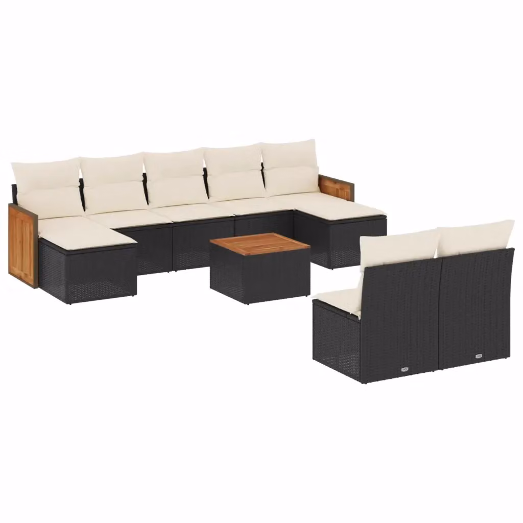 Set di divani da giardino vidaXL a forma di U composto da 10 pezzi con cuscini, tavolino da caffè e pouf in polyrattan nero e bianco – 2