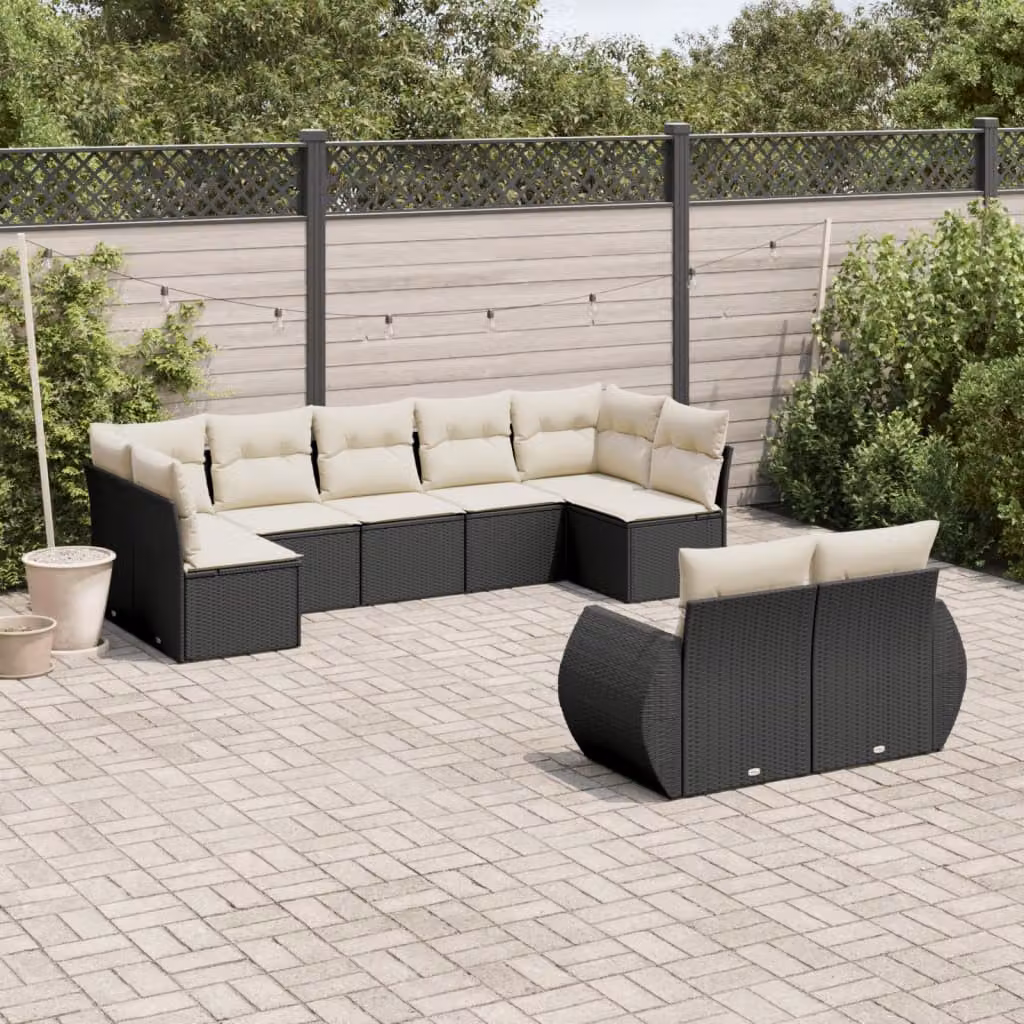 vidaXL Set Divani da Giardino 9 pz in Polyrattan con Cuscini, Design Moderno a L, Nero e Bianco – 1
