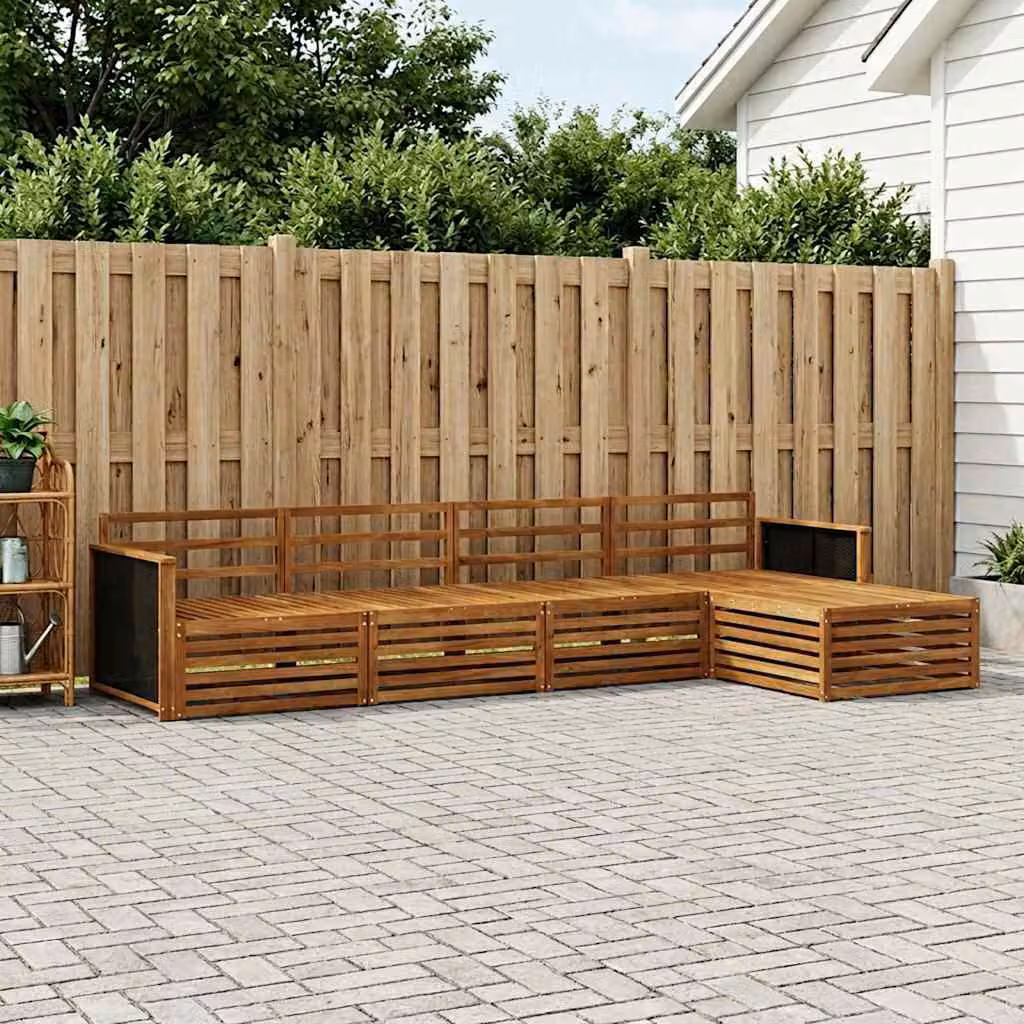 vidaXL Set di divani da esterno a L in legno di acacia massello marrone con pouf e cuscini inclusi