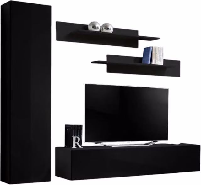 Composizione murale FLY G1 – Mobile TV sospeso, colonna e mensole – Nero lucido – Design moderno
