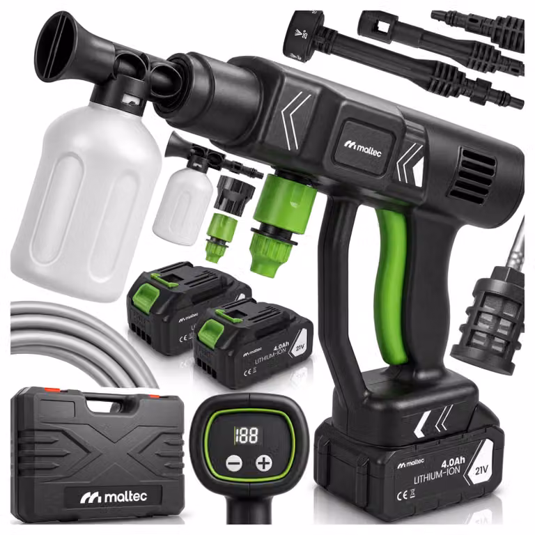 Idropulitrice a batteria, 60 bar, 4000 mAh, 1000W, 260 l/h, con 2 batterie, ugello, tubo da 5,5 metri, erogatore di schiuma, inclusa custodia