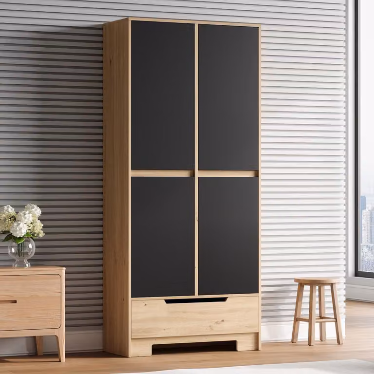 Mobiletto da cucina con 1 cassetto e ripiani regolabili, dispensa con ripiani sovrapposti, dimensioni 80x35x180 cm, colore nero e finitura naturale