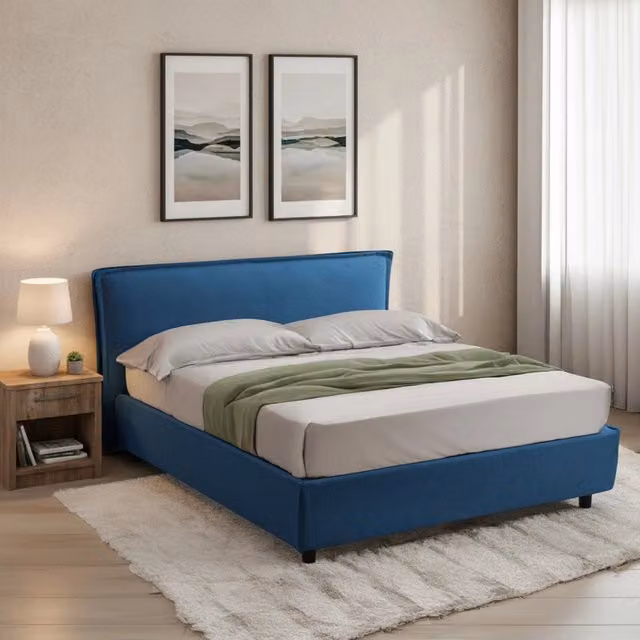 Letto alla francese DMORA con contenitore a sollevamento, sfoderabile, blu, L: 120 cm x P: 200 cm