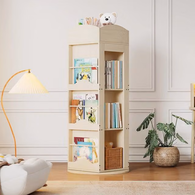Libreria girevole 360 gradi WISHDOR in MDF naturale color beige, scaffale salvaspazio multifunzione per libri e giochi