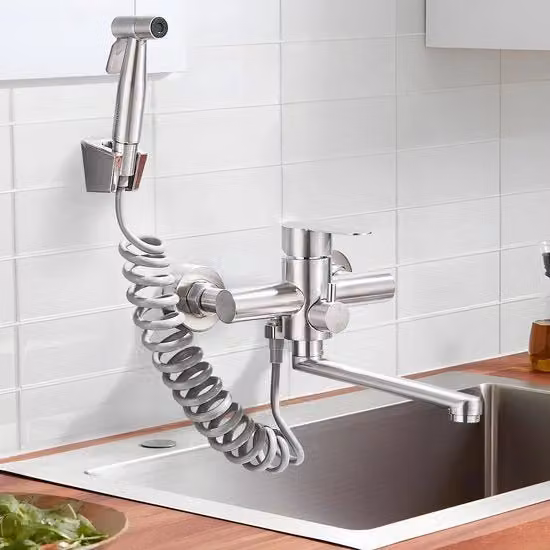 Ceramica da Parete per cucina da Muratura con due Fori Liscio a Nichel 23cm Maniglia a Lema con Pistola Spray Caldo e Freddo Maniglia Singola a Miscelazione in Acciaio Inossidabile