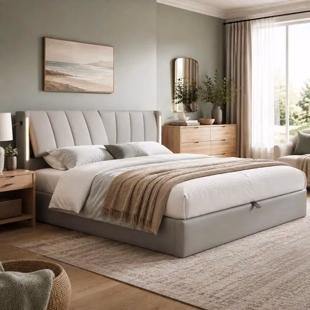 Letto imbottito con LED 140x200 cm con contenitore, testiera regolabile, USB ricaricabile e rivestimento in PU grigio