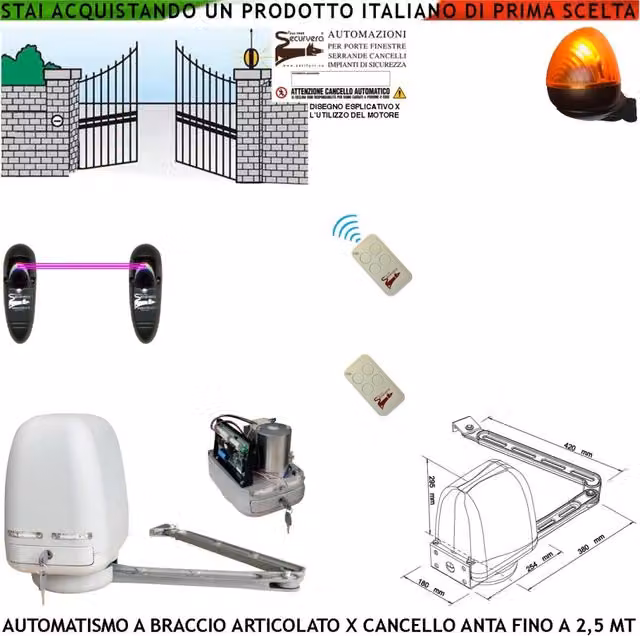 AUTOMATISMO CANCELLO KIT MOTORE A BRACCIO ARTICOLATO 230/24 V ANTA BATTENTE DA 0,5 A 2,5 MT CENTRALE RADIOCOMANDI FARO FOTOCELLULE