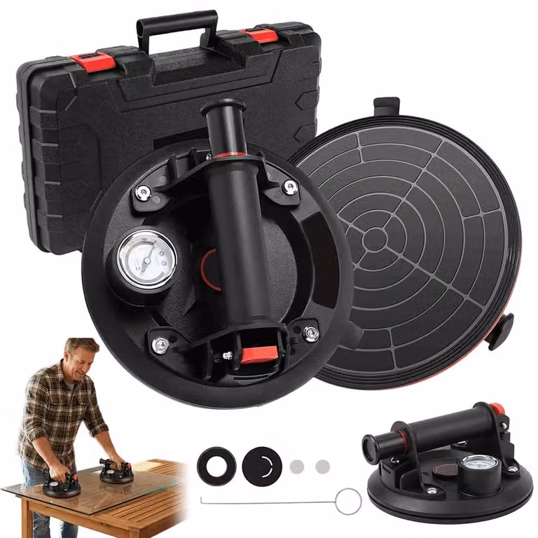 Set da 2 ventose a vuoto per vetro – Robusta costruzione – Ventose da 20,3 cm – Capacità di sollevamento di 280 kg – Indicatore di pressione – Maniglie in ABS – Adatto per vetro, granito e piastrelle