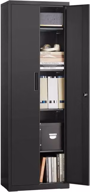 Armadio portaoggetti in metallo nero con doppie ante e ripiani regolabili per ufficio o garage H: 180 cm, L: 60 cm, P: 40 cm