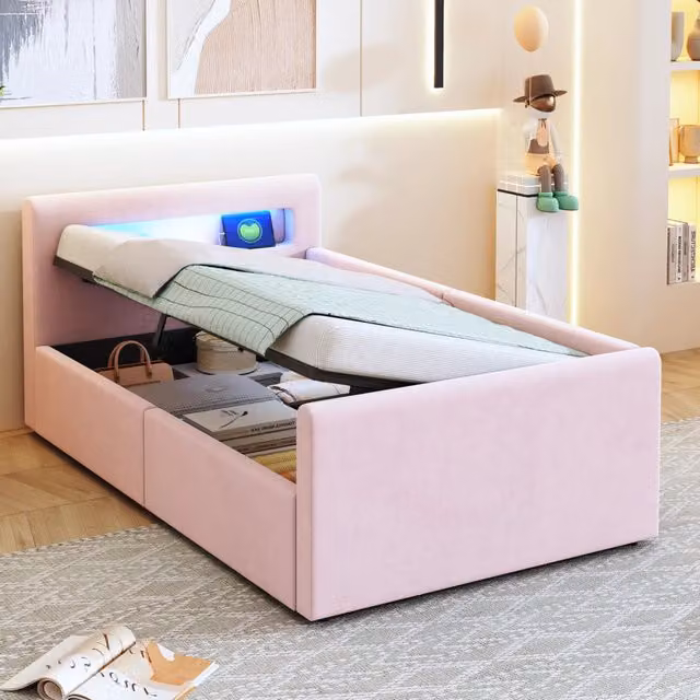 Letto imbottito per bambini 90x200 cm in velluto rosa, con LED, luce notturna, porta USB e contenitore