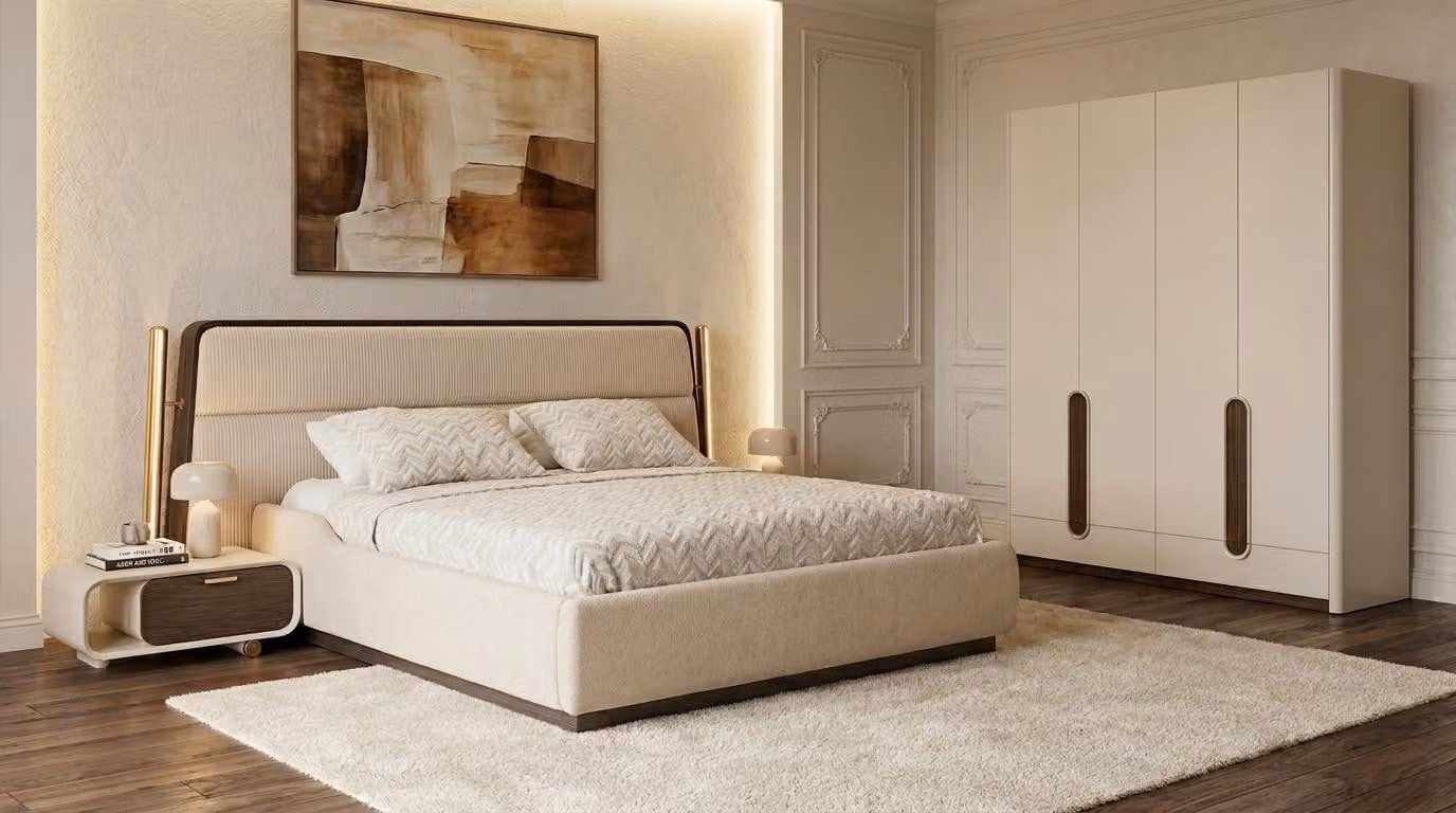 Tavolini notti, armadio, camera da letto, stile moderno, colore beige