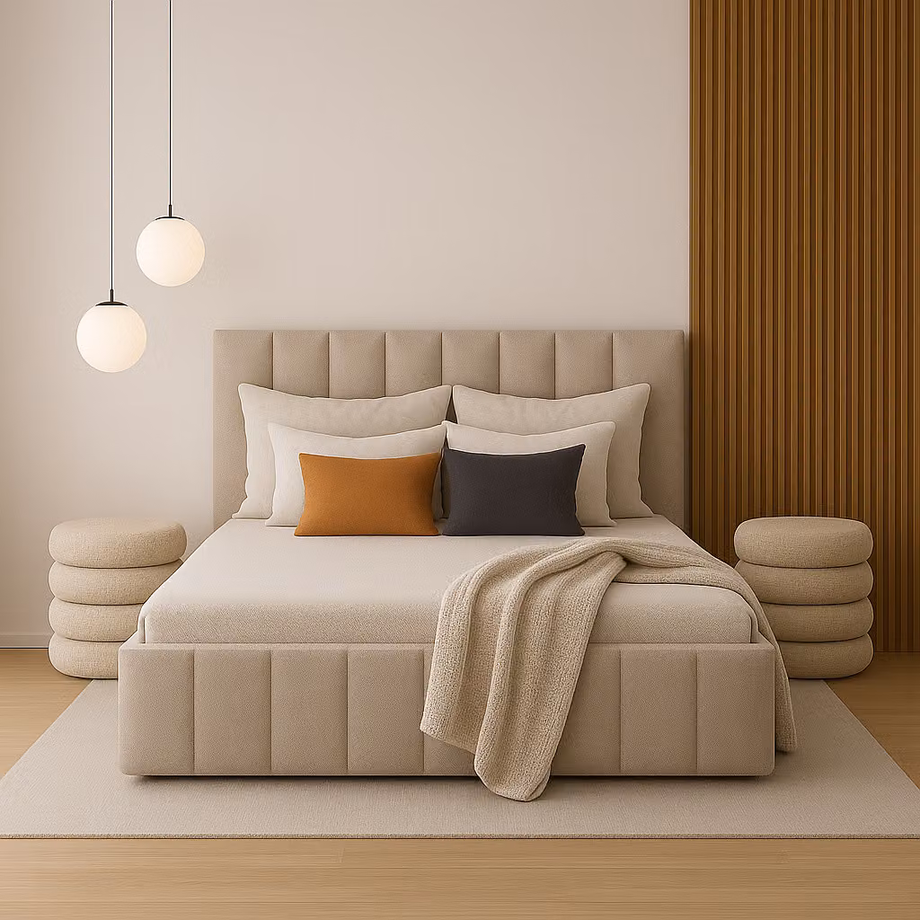 Letto imbottito 90x200, rivestito in tessuto beige effetto boucle, con struttura in legno a listelli e spazio contenitore