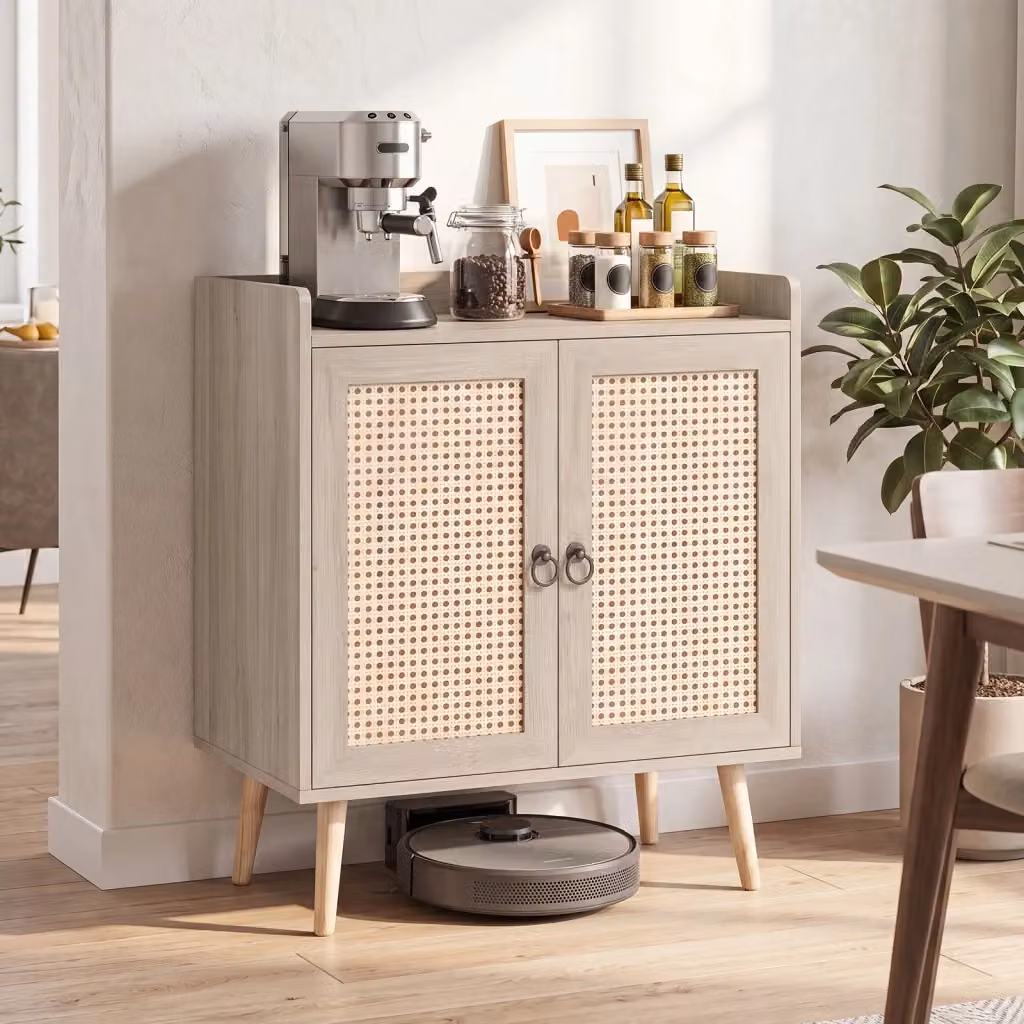 Mobile portaoggetti in rattan e legno di pino con 2 ante e ripiani regolabili, colore beige naturale per cucina, soggiorno o sala da pranzo – 2