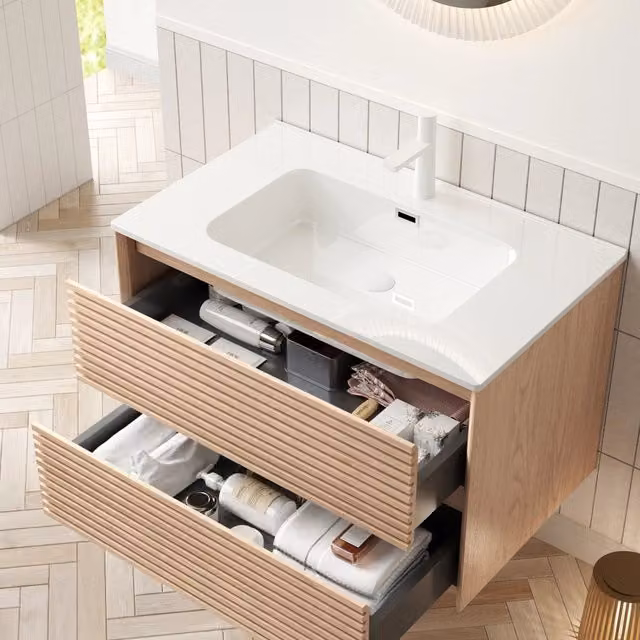 Mobile bagno sospeso con lavabo in ceramica e due cassetti