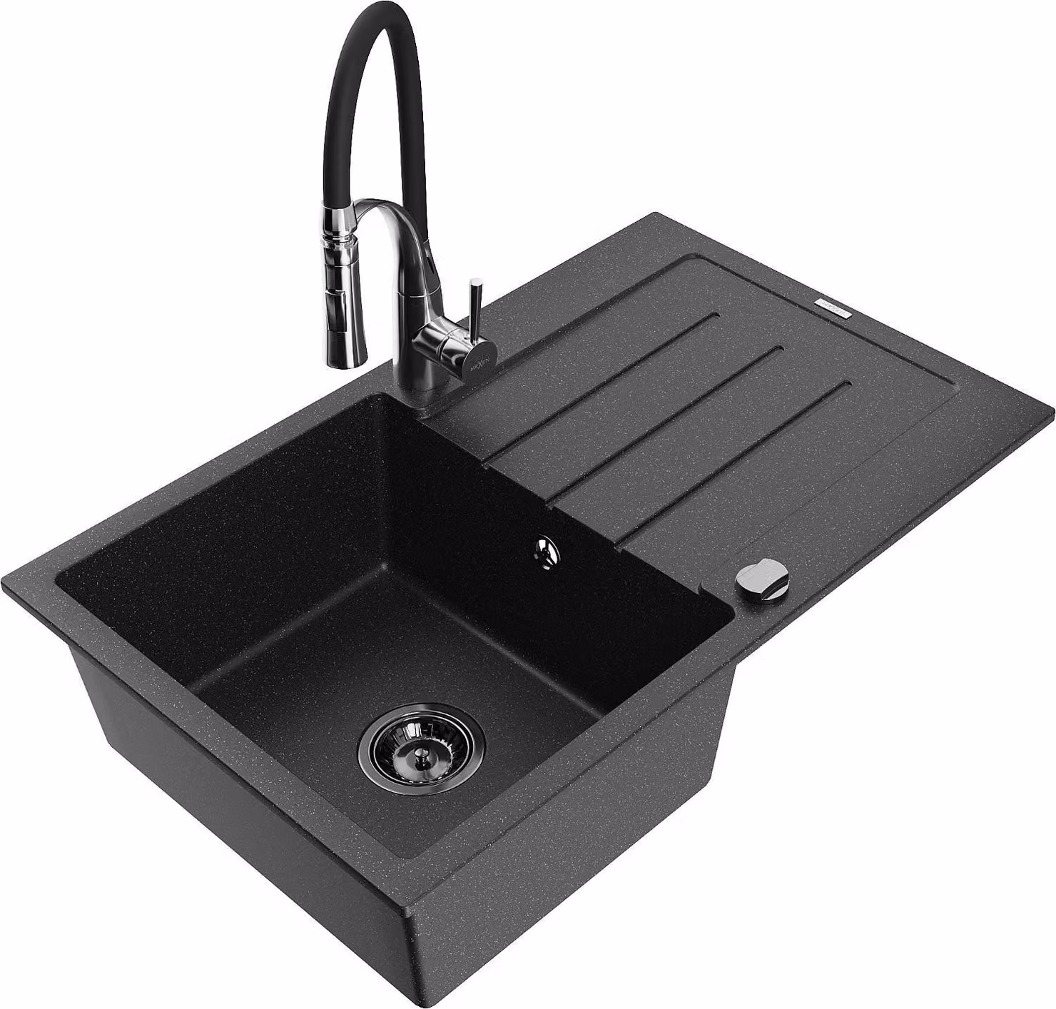 Mexen Bruno lavello in granito a 1 vasca con scolapiatti e miscelatore cucina Aster, nero/argento metallizzato