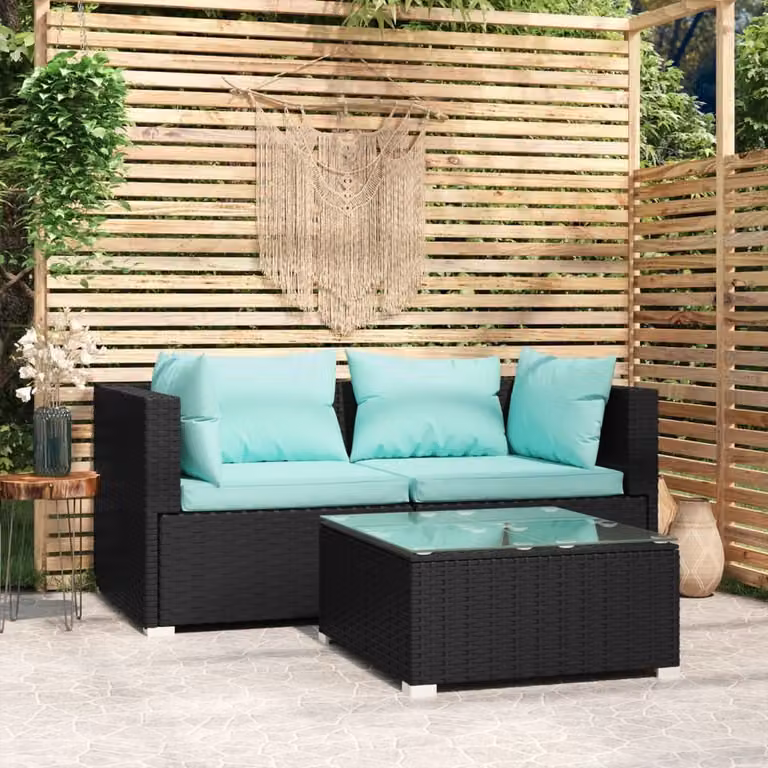 The Living Store Set da giardino 3 pezzi con cuscini in poly rattan nero