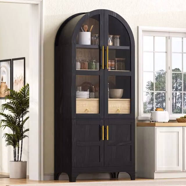 Credenza da cucina con ripiani regolabili; cassetto e vetro scanalato in MDF nera 76 × 40 × 180 cm