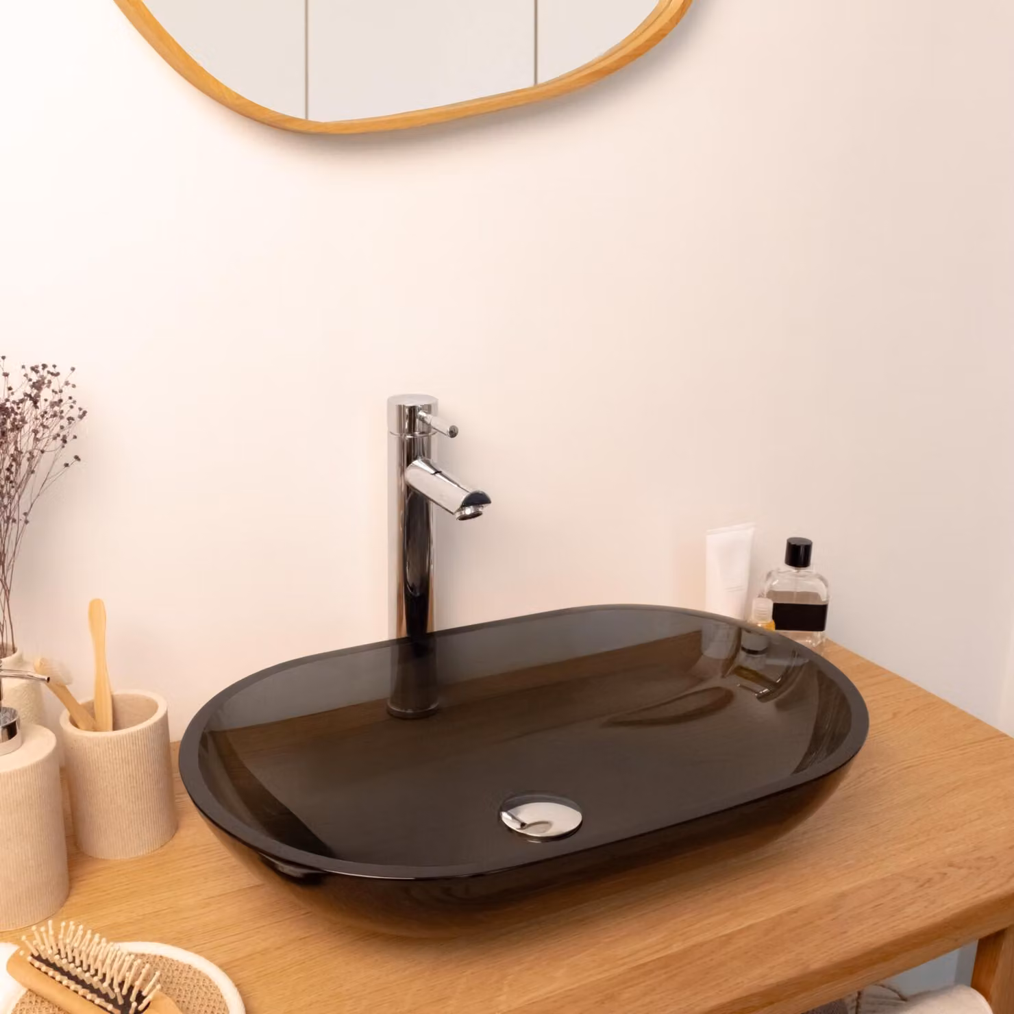 Lavabo da appoggio ovale in vetro fumé nero, dimensioni 54x34 cm