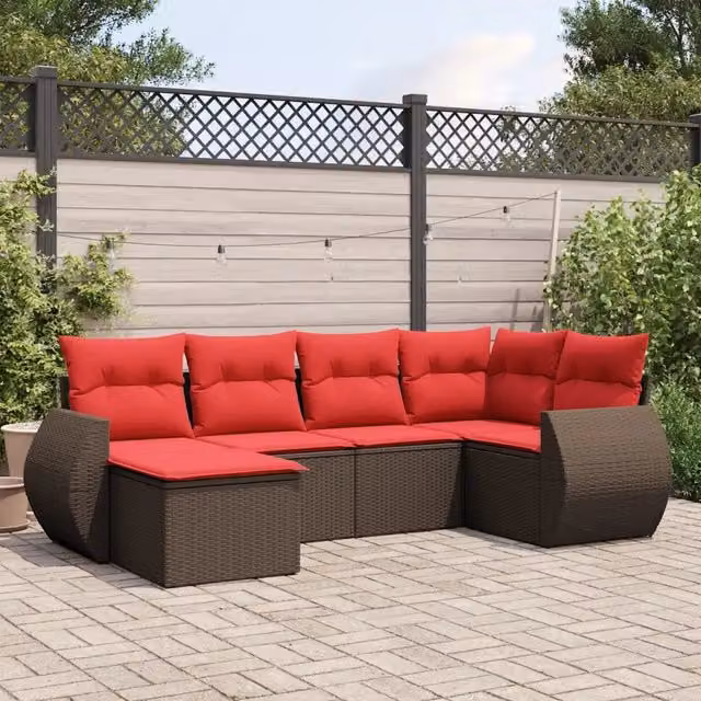 Set di Divani da Giardino vidaXL a Forma di L con Cuscini Marroni e Rosso in Polyrattan e Metallo – 1
