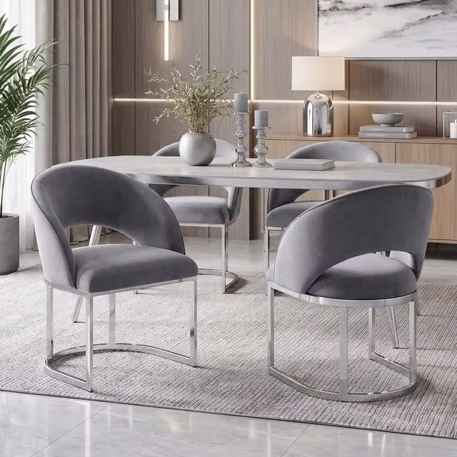 Sedie da pranzo, 2 pezzi in velluto grigio con design curvo e gambe in metallo argentato