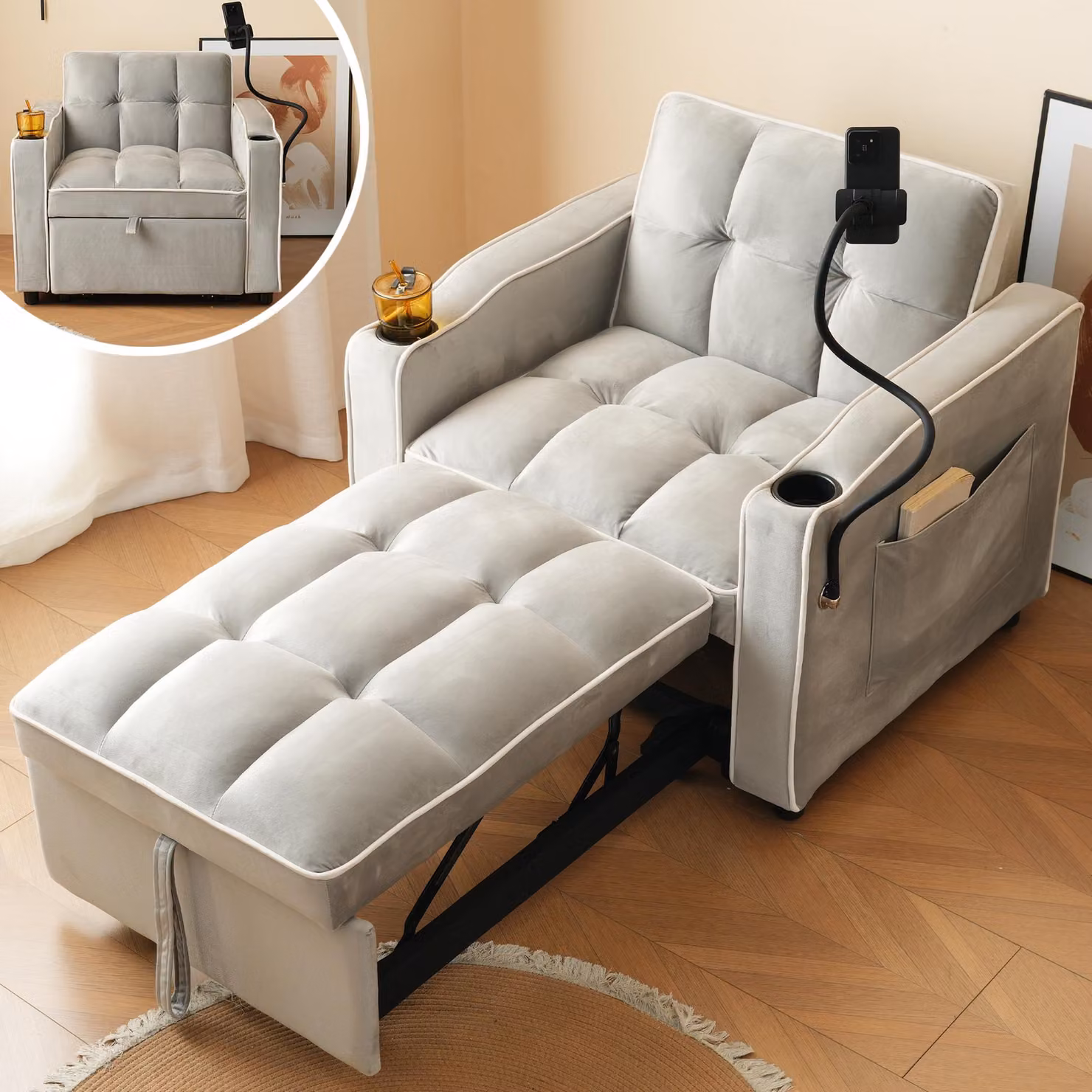 Divano letto estraibile, dimensioni 83x167x76 cm, divano 3 in 1 con schienale regolabile in 3 posizioni, portabicchieri e supporto per cellulare, ideale per piccoli spazi