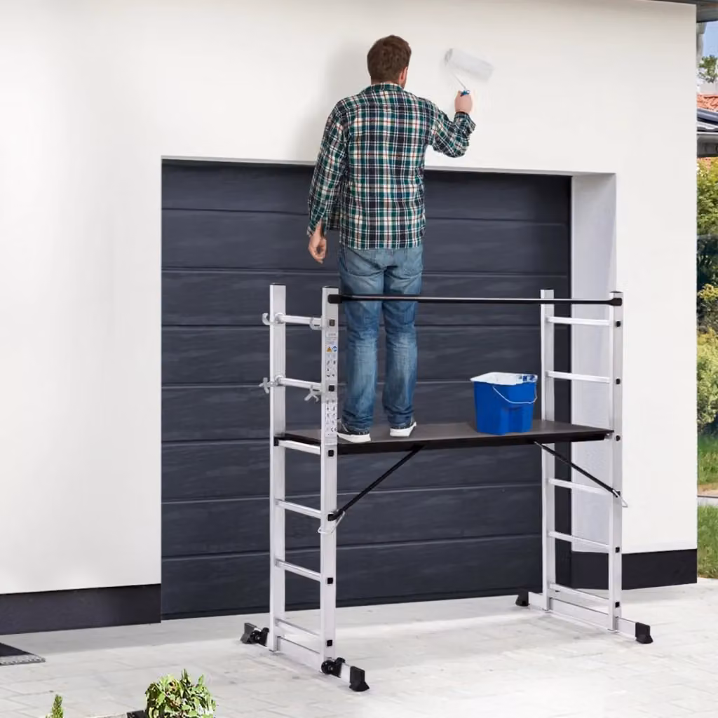 IDMarket Ponteggio in alluminio argento con scala multifunzionale e piattaforma modulare su ruote, Altezza: 165 cm – 2