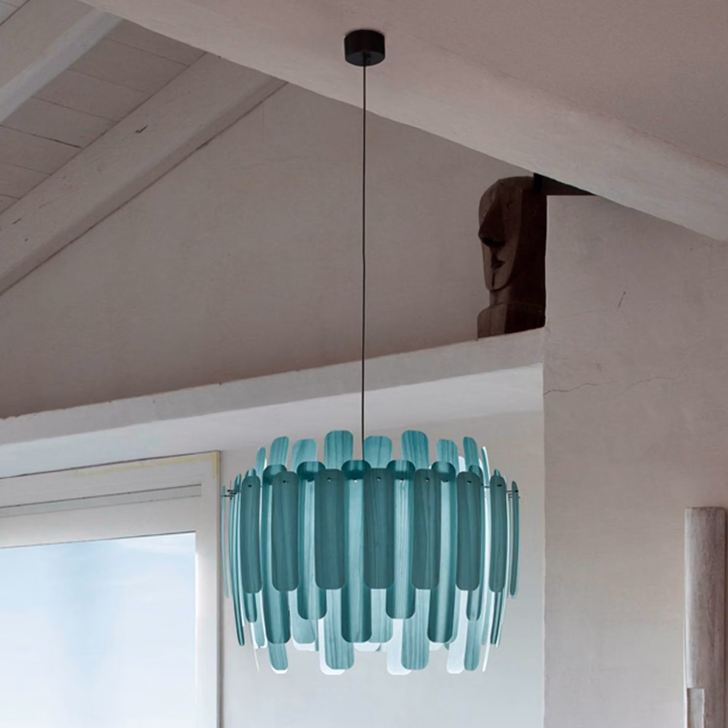 LZF LAMPS Lampada a sospensione Maruja, dimmerabile, Blu, Soggiorno / Sala da pranzo, Legno, Design, Lampada a sospensione