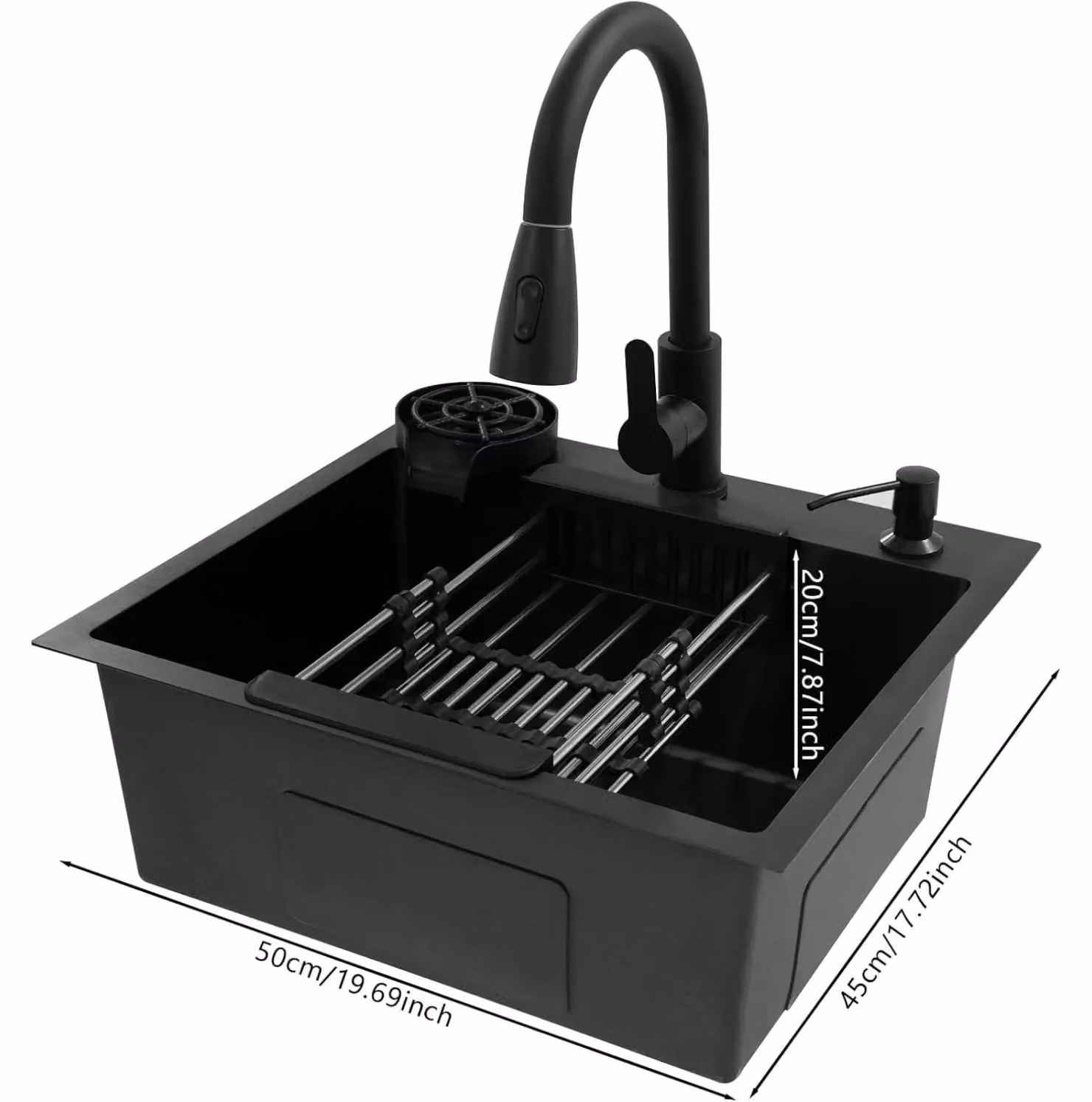 Lavello da cucina - Lavello da incasso - 50 x 45 cm - Nero - Vasca singola - Acciaio inossidabile - Con rubinetto - 1 foro
