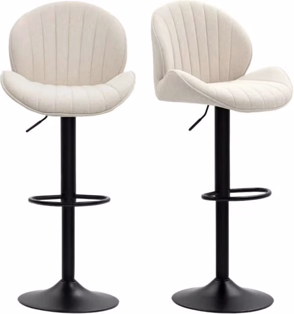 Set da 2 sgabelli da bar regolabili in altezza con schienale, struttura in acciaio e poggiapiedi, tessuto chenille beige o nero