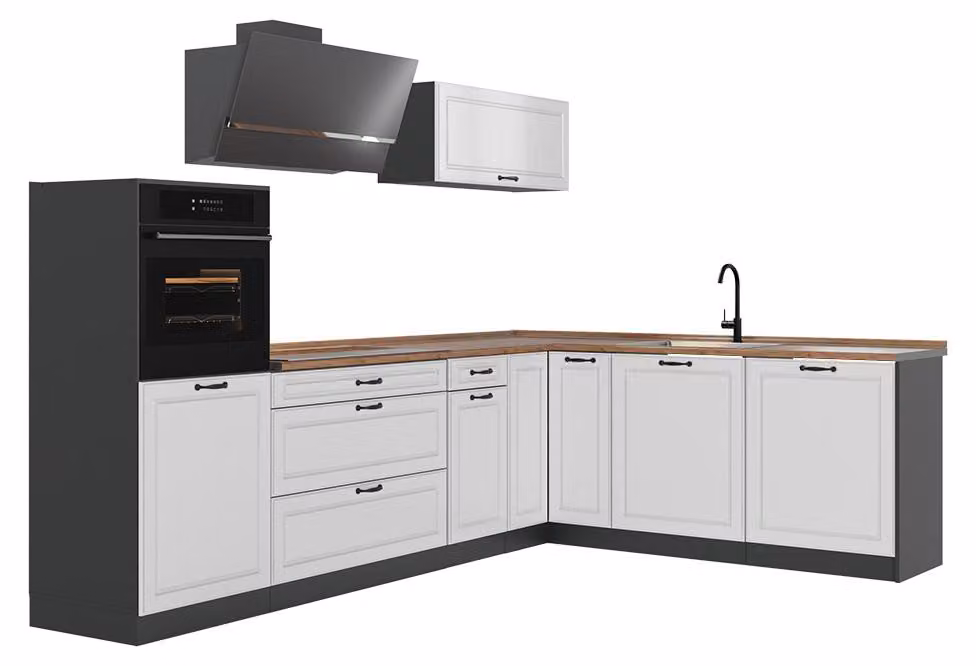 Cucina angolare completa Vicco R-Line Bianco country/Antracite 287 x cm piano di lavoro Rovere dorato, Model 68203