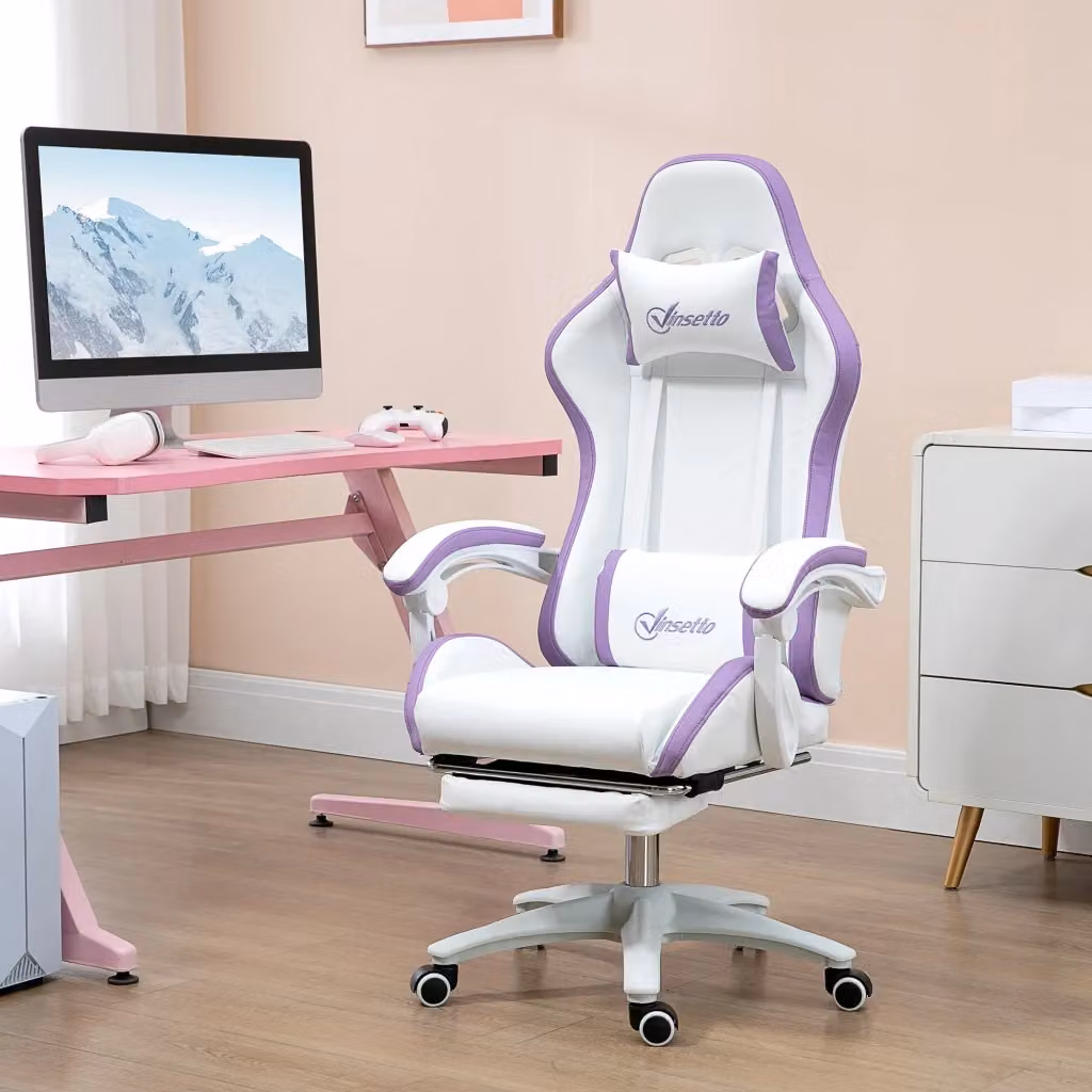 Sedia da Gaming Giordanoshop con Schienale Reclinabile e Poggiatesta, Finta Pelle PU, Bianco e Viola, L/P/H: 65 x 65 x 121-129 cm – 2