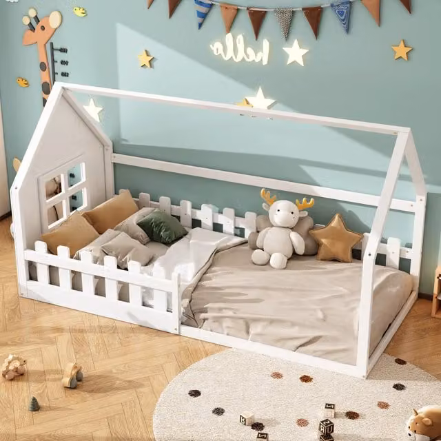Letto per bambini a casetta 90 × 200 cm singolo, bianco in pino e MDF, senza materasso, struttura bassa