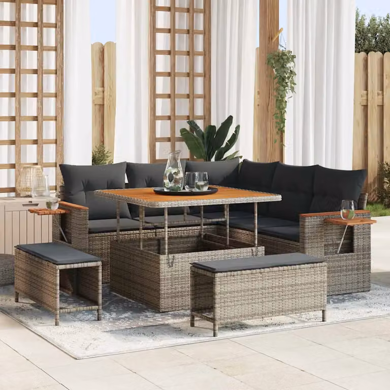 Set Divano da Giardino vidaXL 9 Pezzi con Cuscini Grigio in Polyrattan e Acciaio