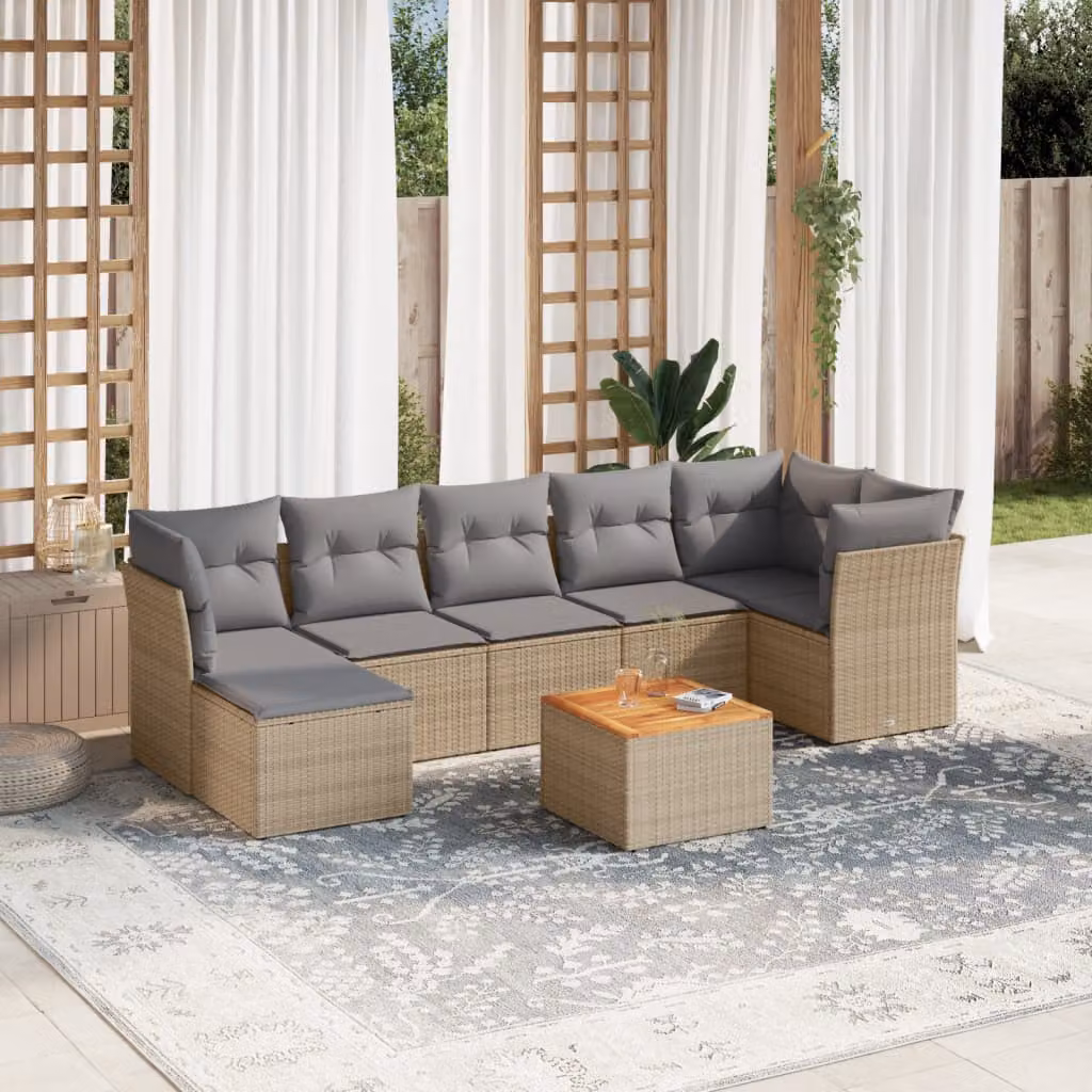 vidaXL Set Divano da Giardino 8 pz a Forma di L in Polyrattan con Cuscini Beige e Grigio – 1