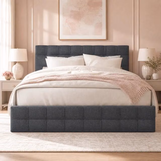Letto matrimoniale imbottito 140x200 cm grigio con 4 cassetti e testiera regolabile