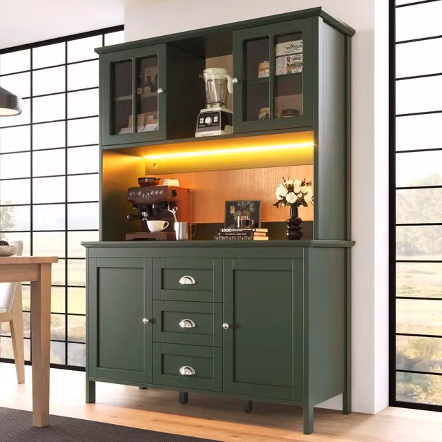 Credenza da cucina alta LED con ante in vetro marrone, cassetti e ripiani regolabili, verde, 120 × 40 × 179 cm